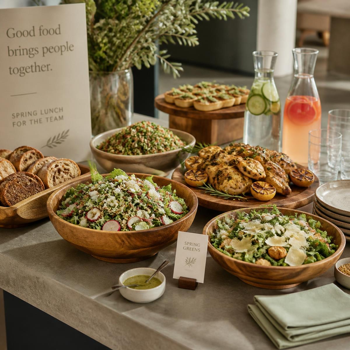 Corporate lunch buffet with fresh salads and roasted chicken