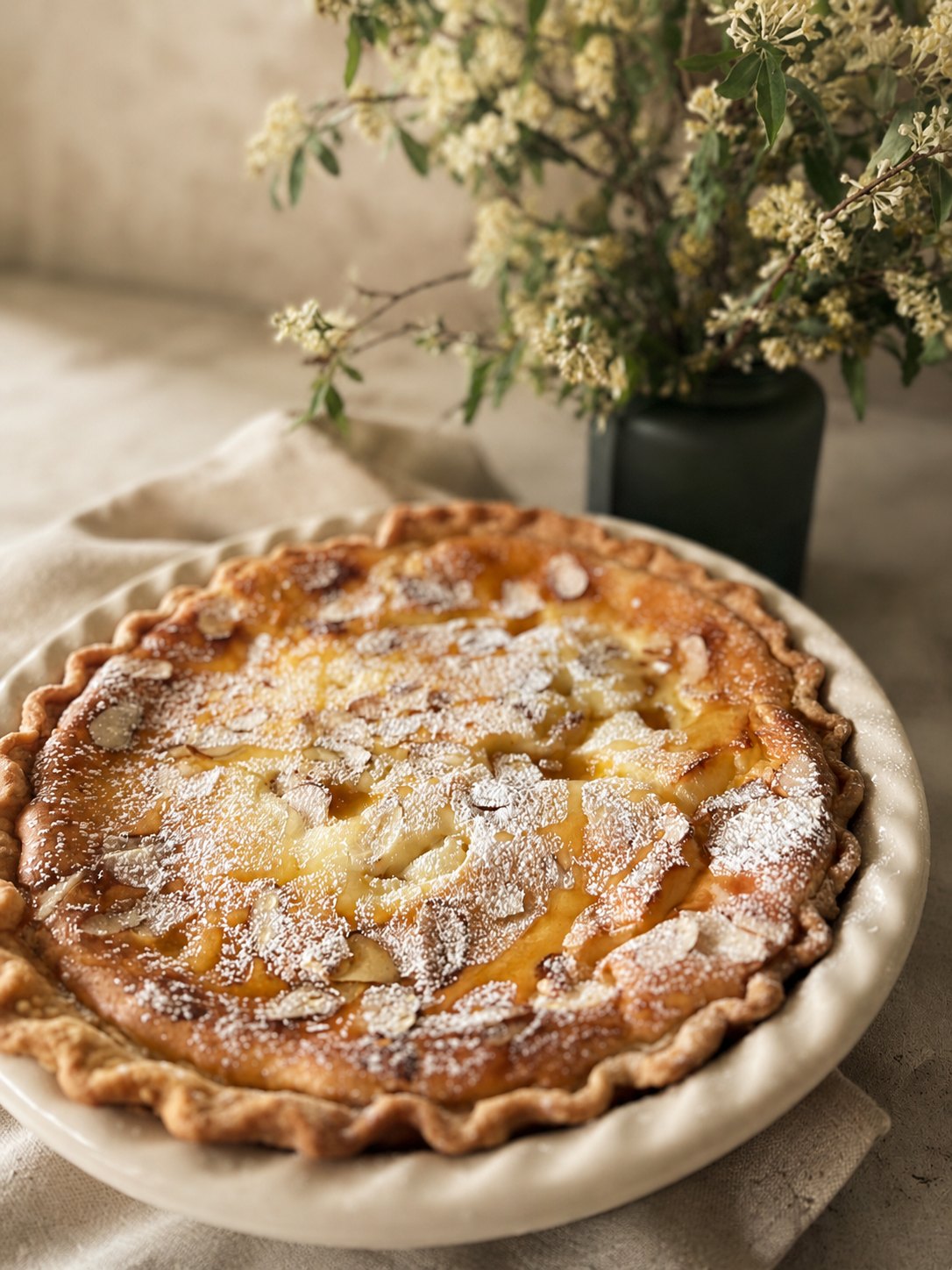 Golden almond tart cooling beside a vase of dried blooms