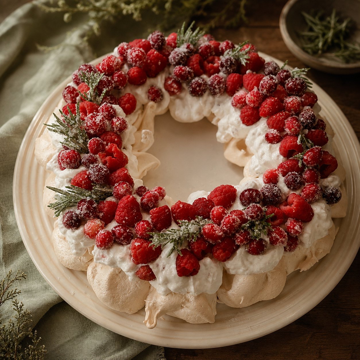 Pavlova wreath topped with sugared raspberries and rosemary