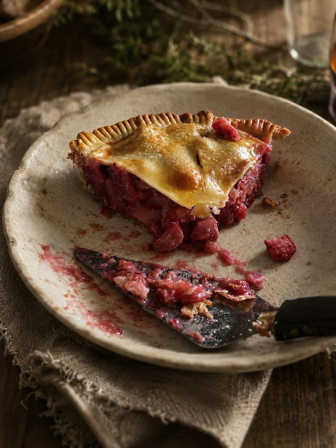 Slice of raspberry pie on a stoneware plate