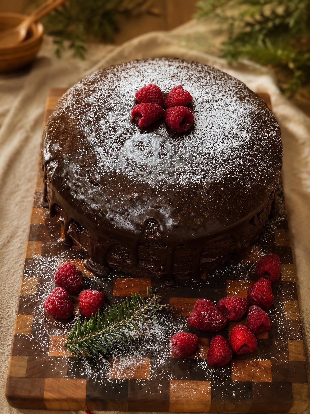 Chocolate cake dusted with sugar and topped with raspberries