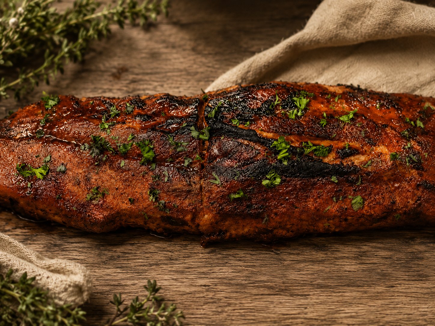 Herb-crusted roasted pork loin on a rustic table