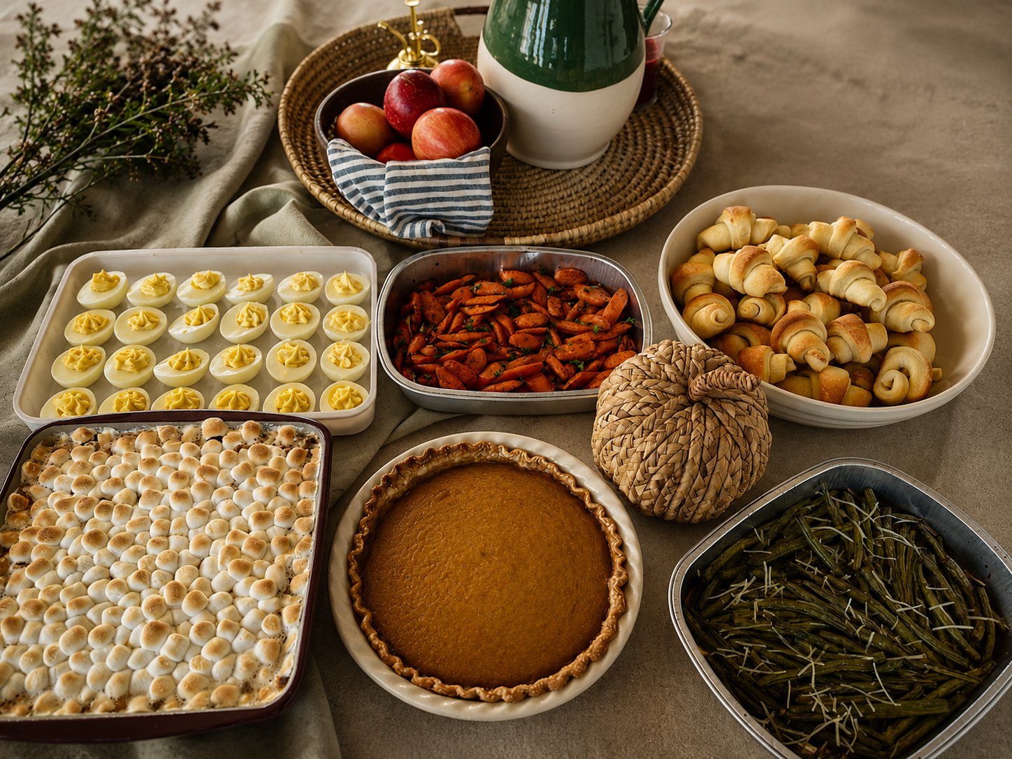 Holiday spread of casseroles, pumpkin pie, and green beans