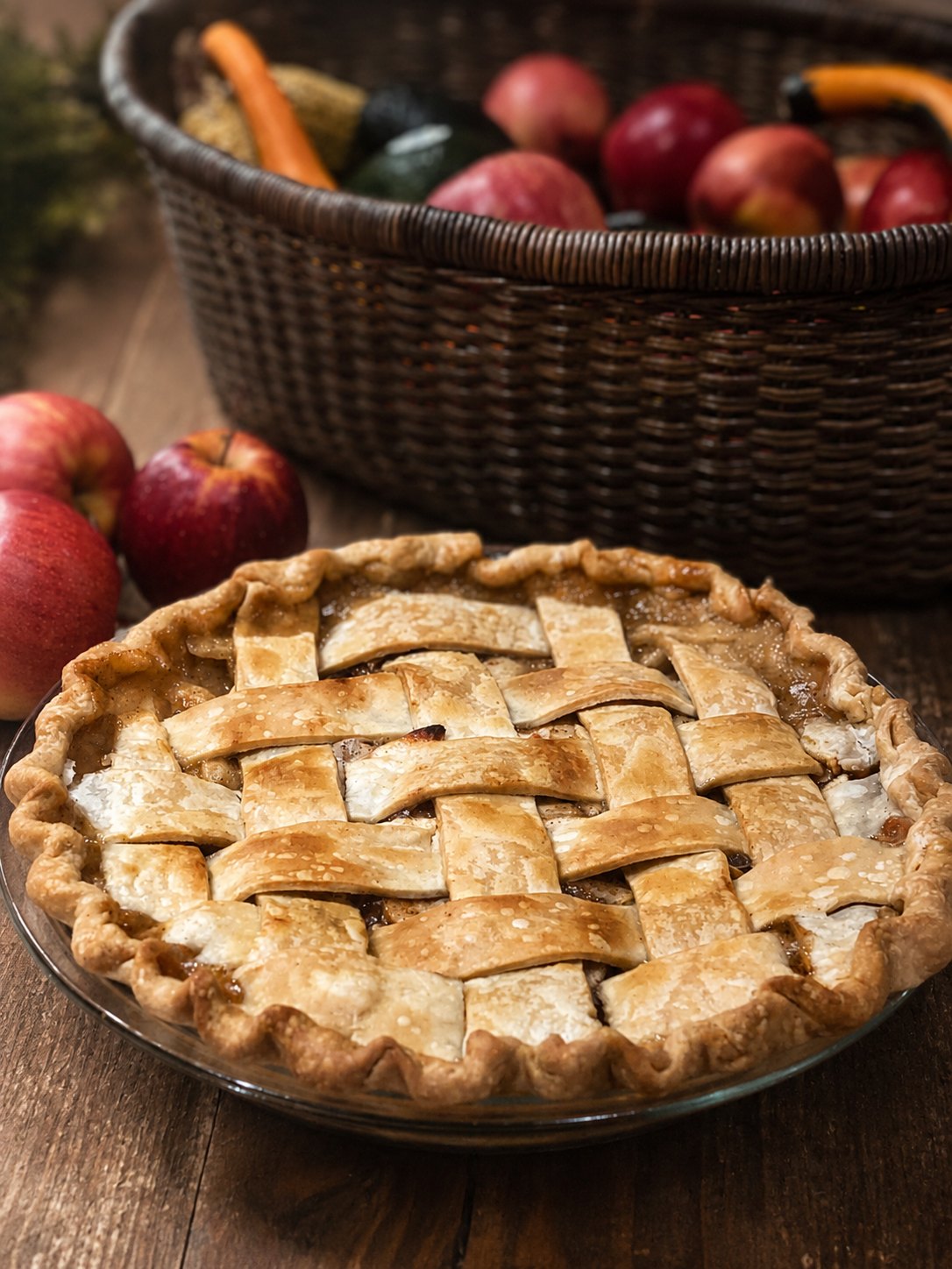 Lattice-top apple pie beside a basket of fresh apples