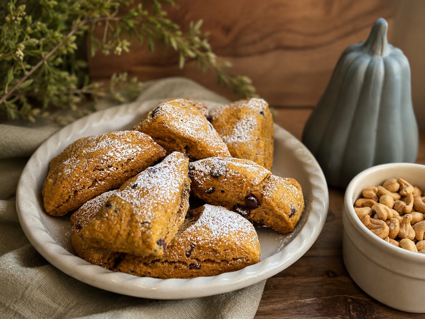 Pumpkin scones with powdered sugar and a bowl of nuts