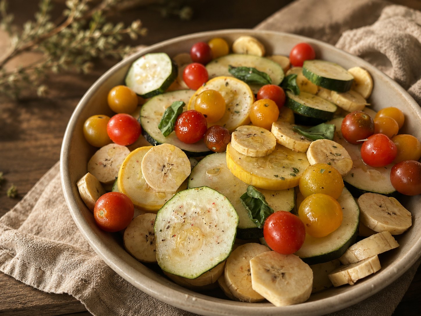 Bowl of summer squash, zucchini, and cherry tomato salad