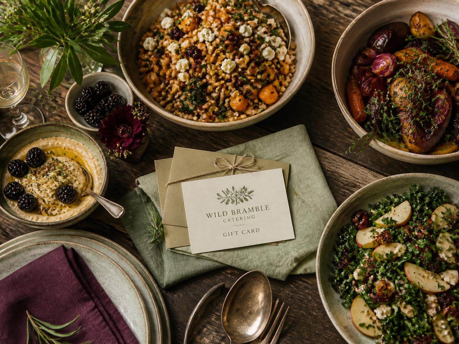 A Wild Bramble gift card arranged with seasonal dishes on a rustic table