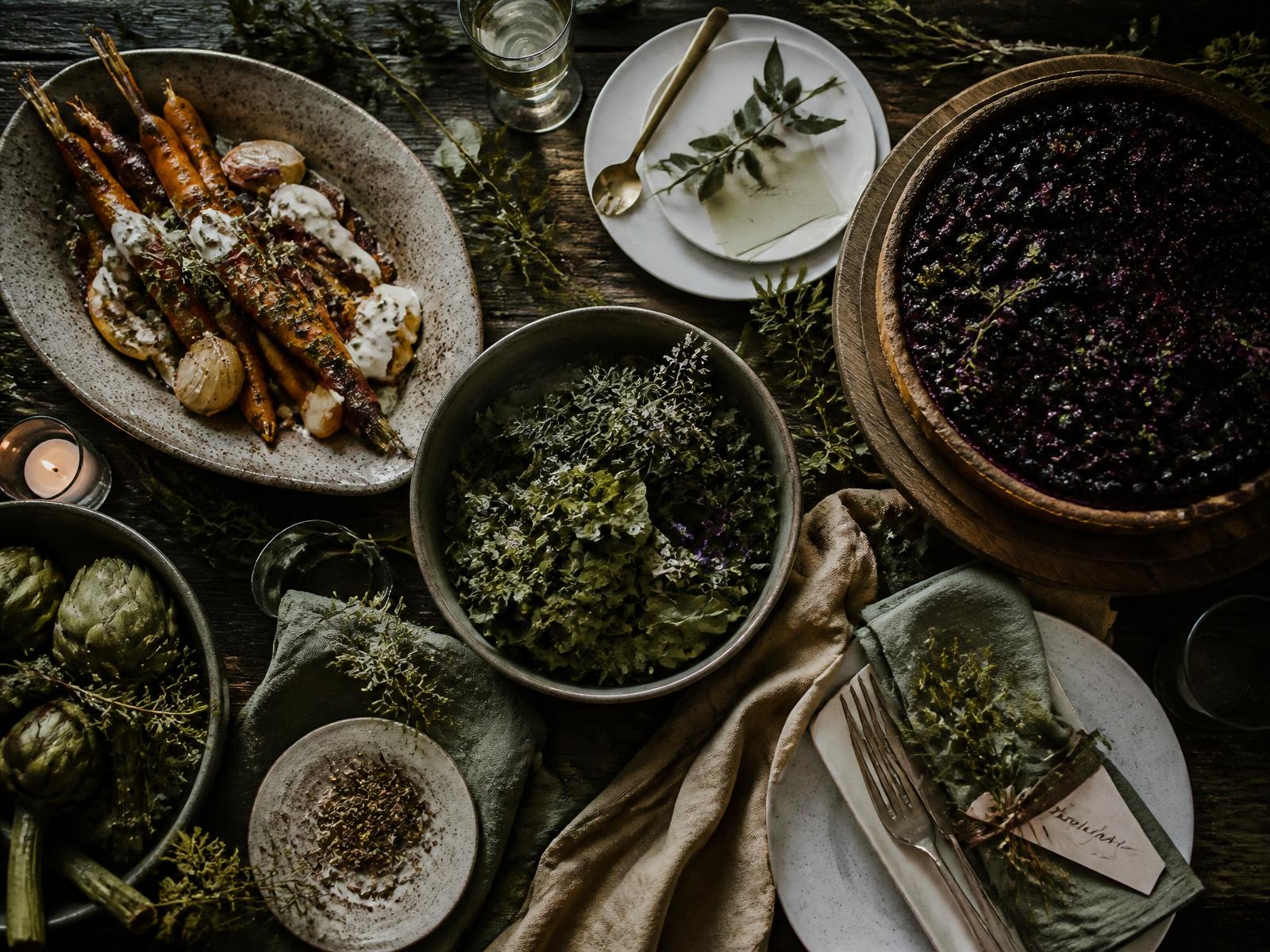 An overhead editorial shot of a rustic Wild Bramble catering spread