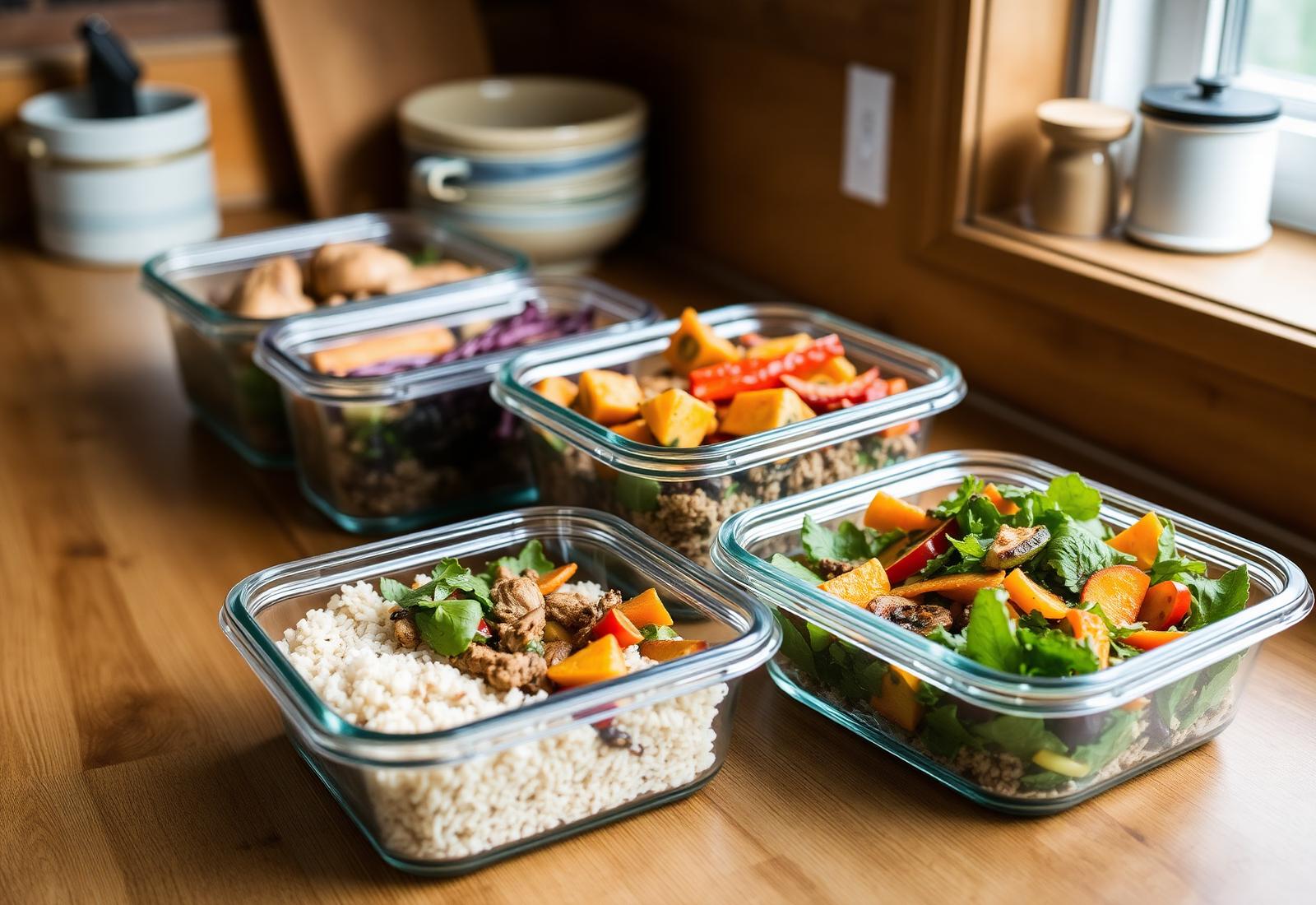 Glass containers of gourmet-prepared weekly meals on a wooden kitchen counter