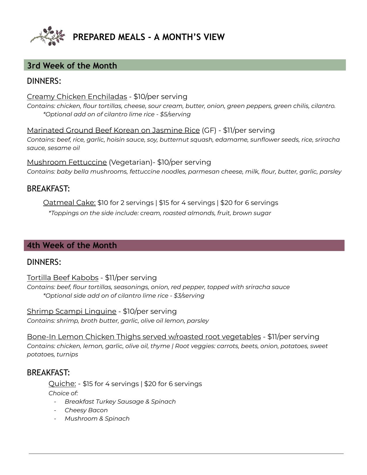 Wild Bramble meal prep weekly menu, page 2